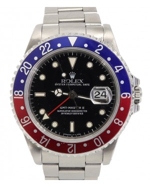 Rolex GMT-Master II Stainless Steel 40mm Black Dial Red/Blue "Pepsi" Aluminum Bezel Non-SEL Oyster Bracelet 16710 Holes Case - PRE-OWNED 1990-99