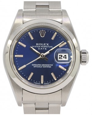 Rolex Ladies Oyster Perpetual Date Stainless Steel Blue Index Dial Steel Bezel Oyster Bracelet 69160 - PRE-OWNED