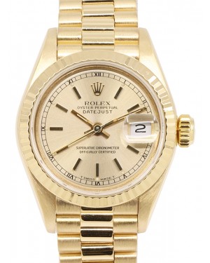 Rolex Lady-Datejust 26 Yellow Gold Champagne Index Dial Fluted Bezel President Bracelet 69178 - PRE-OWNED
