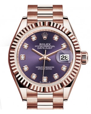 Rolex Lady Datejust 28 Rose Gold Aubergine Diamond Dial & Fluted Bezel President Bracelet 279175 - BRAND NEW