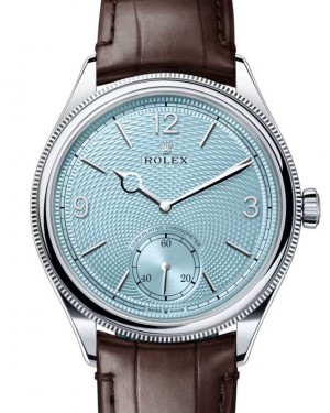 Rolex Perpetual 1908 Platinum Ice Blue Dial Domed/Fluted Bezel Brown Leather Strap 52506