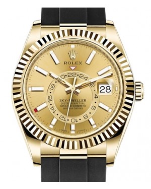 Rolex Sky-Dweller Yellow Gold Champagne Index Dial  Oysterflex Rubber Strap 326238 - BRAND NEW