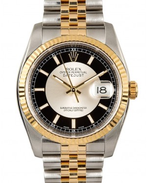 Rolex Datejust 36 Yellow Gold & Steel Black and Silver Index "Tuxedo" Fluted Bezel Jubilee Bracelet 116233