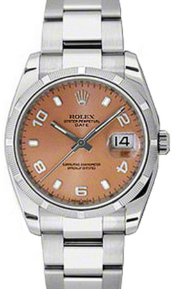 Rolex Oyster Perpetual Date 34 Stainless Steel Pink Arabic / Index Dial & Engine-Turned Bezel Oyster Bracelet 115210 