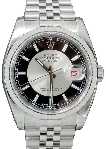 Rolex Datejust 36 116234-BKSSFJ Black Silver Index "Tuxedo" Fluted White Gold Stainless Steel Jubilee