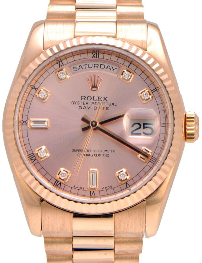 Rolex Day-Date 36 118235-CHPDO Pink Champagne Diamond Fluted Rose Gold Oyster