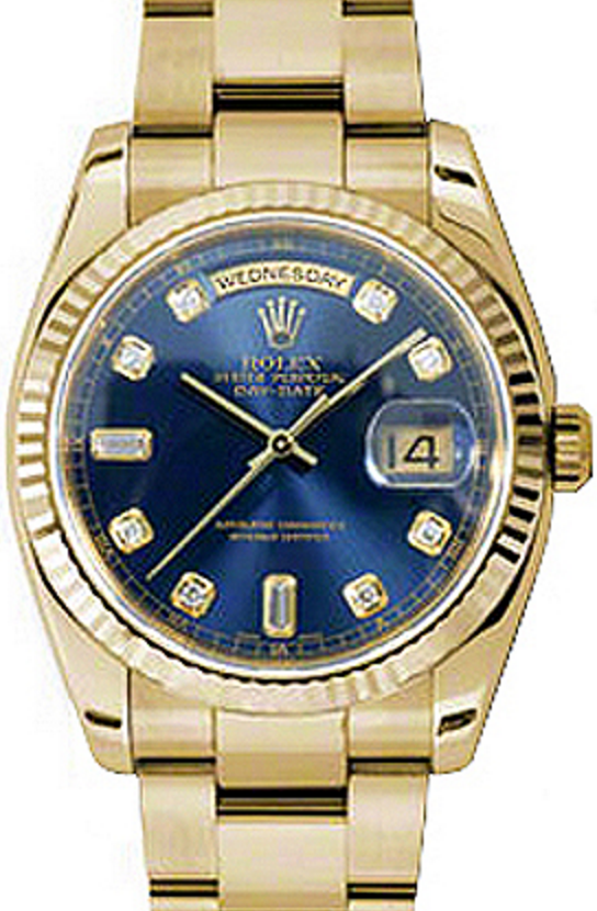 Rolex Day-Date 36 118238-BLUDFO Blue Diamond Fluted Yellow Gold Oyster