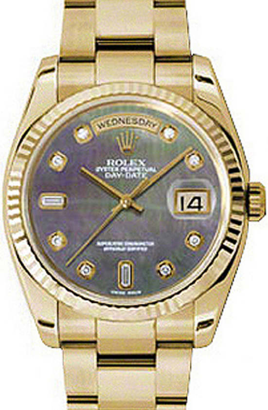 Rolex Day-Date 36 118238-DMOPDFO Dark Mother of Pearl Diamond Fluted Yellow Gold Oyster