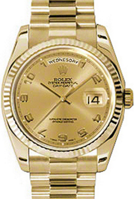 Rolex Day-Date 36 118238-GLDAFP Champagne Arabic Fluted Yellow Gold President