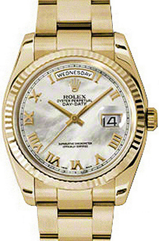 Rolex Day-Date 36 118238-MOPRFO White Mother of Pearl Roman Fluted Yellow Gold Oyster