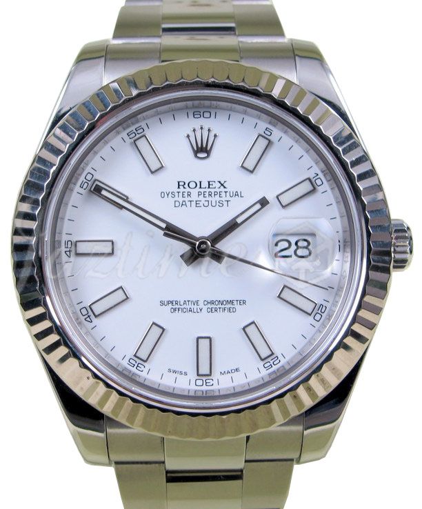 Rolex Datejust II Stainless Steel White Index 41mm Dial Fluted White Gold Bezel Oyster Bracelet 116334 - PRE-OWNED