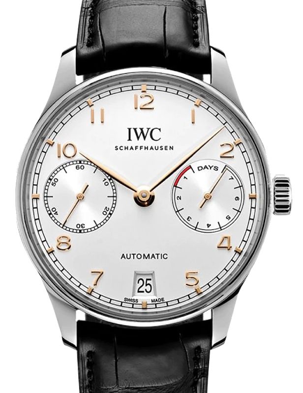 IWC Portugieser Automatic Silver Arabic Dial 42.3mm Stainless Steel Black Alligator Leather Strap IW500704 - BRAND NEW