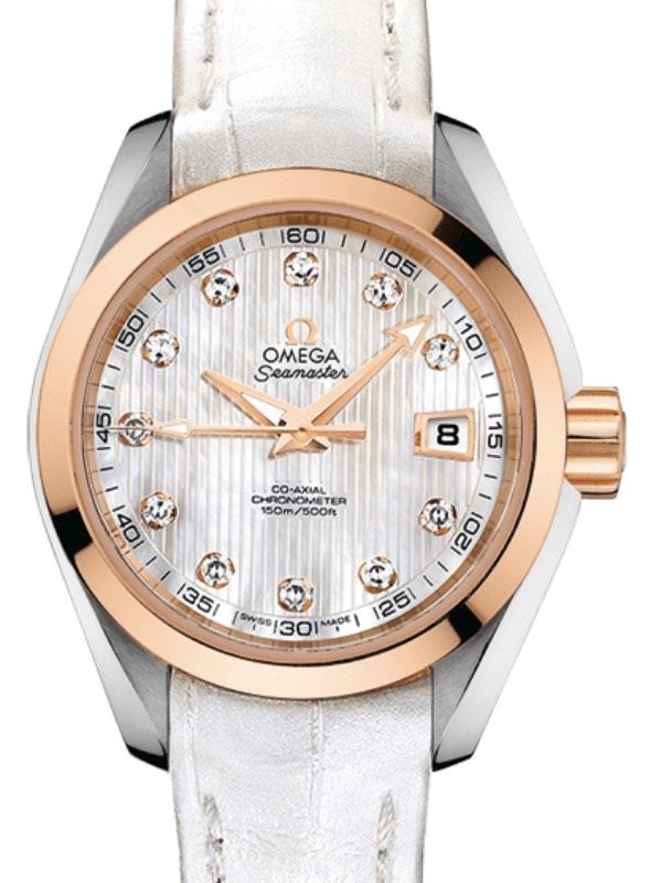Omega Seamaster Aqua Terra 150M Co-Axial Chronometer 30mm Stainless Steel Red Gold White Mother of Pearl Dial Diamond Set Index Alligator Leather Strap 231.23.30.20.55.001 - BRAND NEW