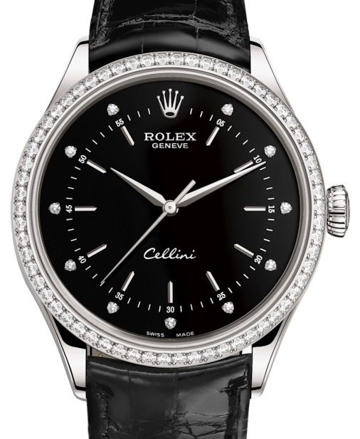 Rolex Cellini Time White Gold Black Diamond Dial Diamond Bezel Black Leather Bracelet 50709RBR - BRAND NEW