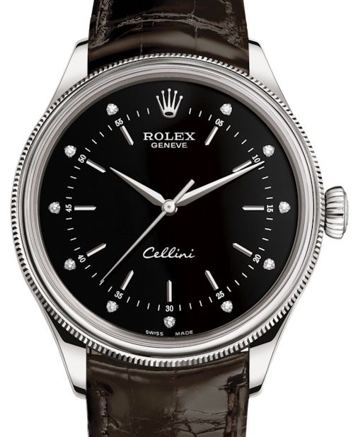 Rolex Cellini Time White Gold Black Diamond Dial Domed & Fluted Double Bezel Tobacco Leather Bracelet 50509 - BRAND NEW