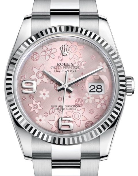 Rolex Datejust 36 White Gold/Steel Pink Floral Motif Arabic Dial & Fluted Bezel Oyster Bracelet 116234 