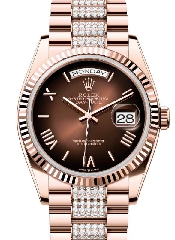 Rolex Day-Date 36 President Rose Gold Brown Ombre Index/Roman Dial Fluted Bezel Diamond Set Bracelet 128235