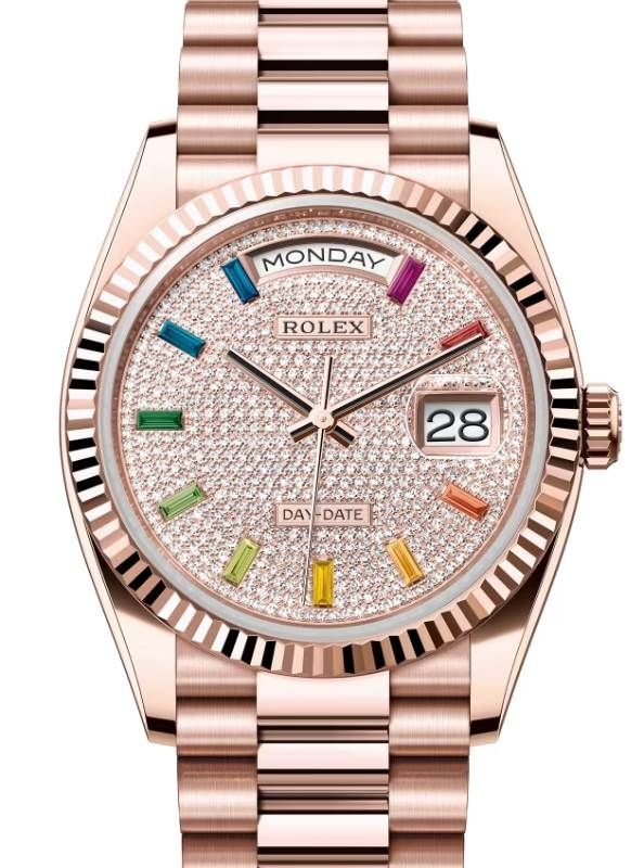 Rolex Day-Date 36 President Rose Gold Diamond Paved Rainbow Colored Sapphires Dial Fluted Bezel 128235