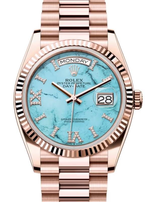 Rolex Day-Date 36 President Rose Gold Turquoise "Tiffany" Diamond Dial Fluted Bezel 128235