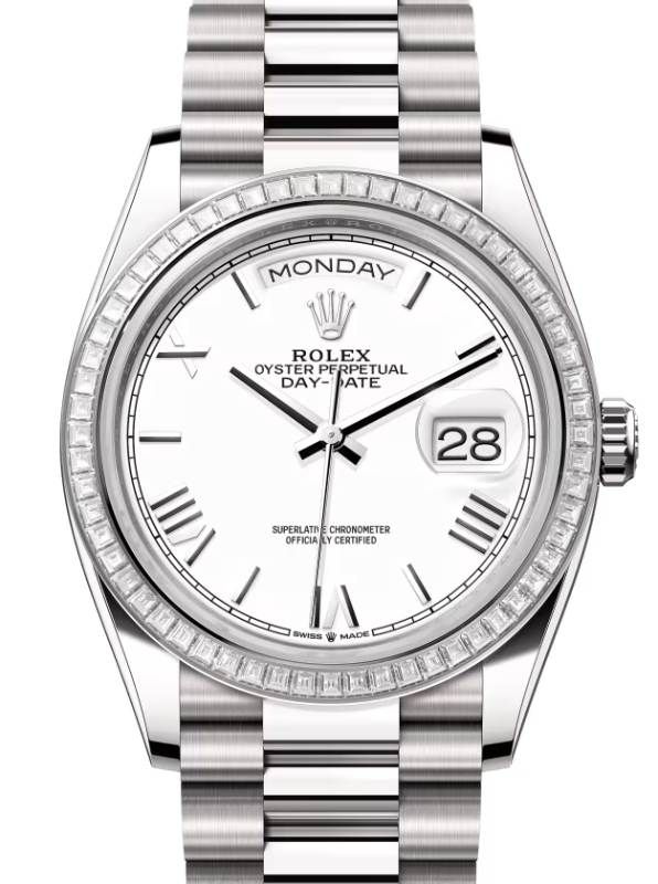 Rolex Day-Date 36 President White Gold White Roman Dial Diamond Bezel 128399TBR