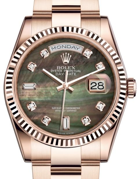 Rolex Day-Date 36 Rose Gold Black Mother of Pearl Diamond Dial & Fluted Bezel Oyster Bracelet 118235