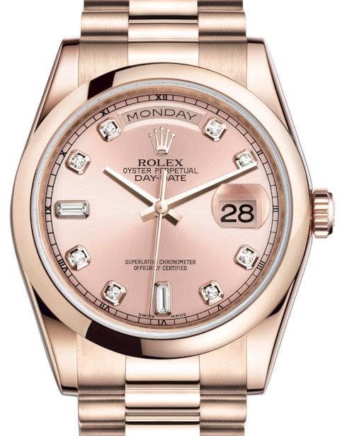 Rolex Day-Date 36 Rose Gold Pink Diamond Dial & Smooth Domed Bezel President Bracelet 118205 - BRAND NEW