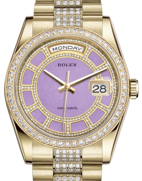 Rolex Day-Date 36 Yellow Gold Carousel of Lavender Jade Diamond Dial & Diamond Bezel Diamond Set President Bracelet 118348 - BRAND NEW