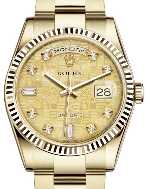Rolex Day-Date 36 Yellow Gold Champagne Mother of Pearl Jubilee Diamond Dial & Fluted Bezel Oyster Bracelet 118238 - BRAND NEW