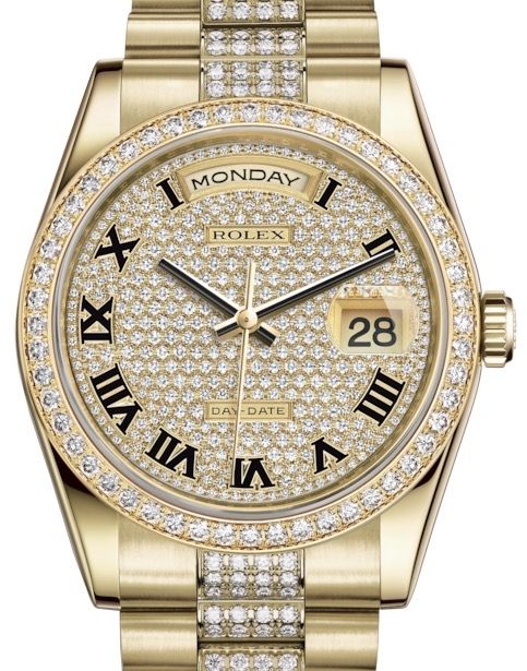 Rolex Day-Date 36 Yellow Gold Diamond Paved Roman Dial & Diamond Bezel Diamond Set President Bracelet 118348 - BRAND NEW