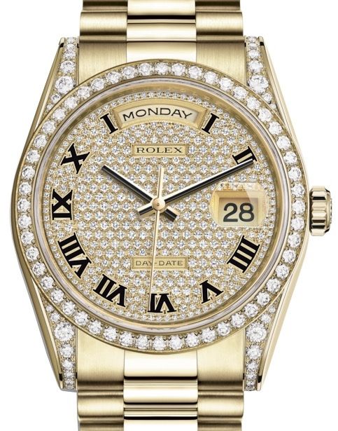 Rolex Day-Date 36 Yellow Gold Diamond Paved Roman Dial & Diamond Set Case & Bezel President Bracelet 118388 - BRAND NEW
