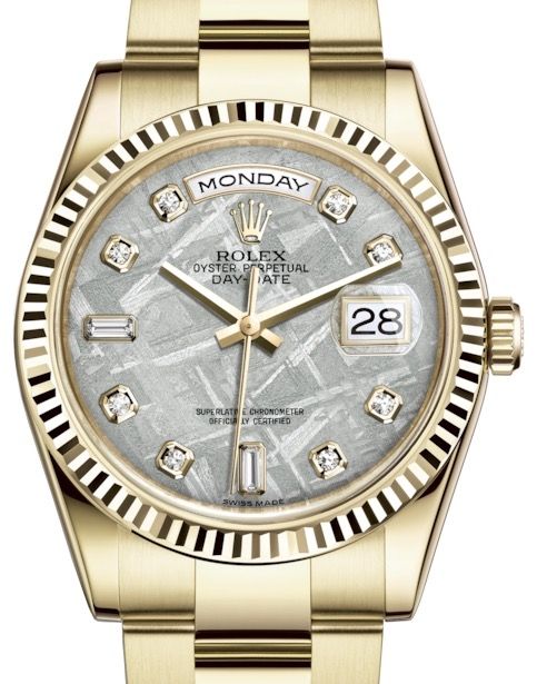 Rolex Day-Date 36 Yellow Gold Meteorite Diamond Dial & Fluted Bezel Oyster Bracelet 118238