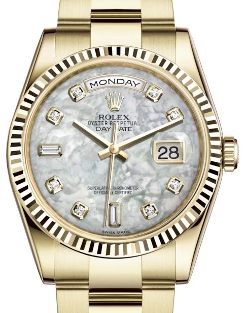 Rolex Day-Date 36 Yellow Gold White Mother of Pearl Diamond Dial & Fluted Bezel Oyster Bracelet 118238