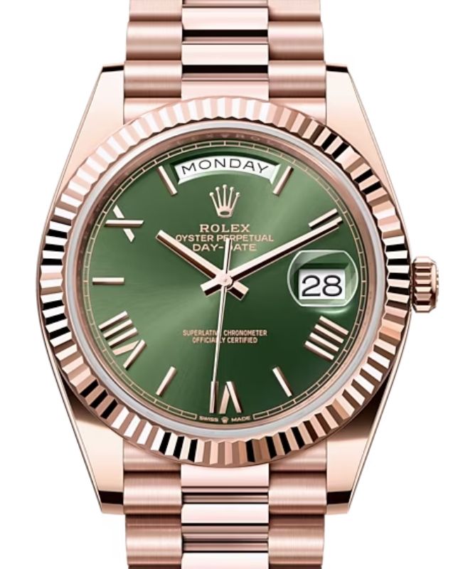 Rolex Day-Date 40 President Rose Gold Olive Green Index/Roman Dial 228235