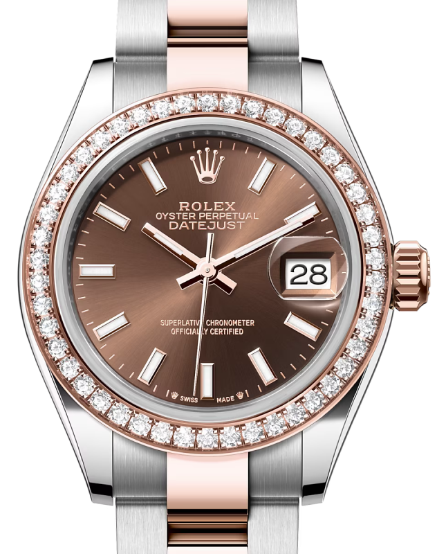 Rolex Lady Datejust 28 Rose Gold/Steel Chocolate Index Dial & Diamond Bezel Oyster Bracelet 279381RBR - BRAND NEW