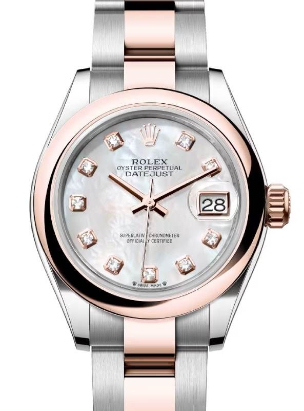 Rolex Lady Datejust 28 Rose Gold/Steel White Mother of Pearl Diamond Dial & Smooth Domed Bezel Oyster Bracelet 279161 - BRAND NEW