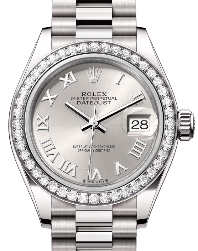 Rolex Lady Datejust 28 White Gold Silver Roman Dial & Diamond Bezel President Bracelet 279139RBR - BRAND NEW