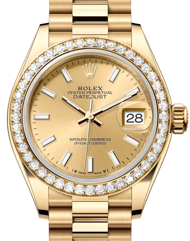 Rolex Lady Datejust 28 Yellow Gold Champagne Index Dial & Diamond Bezel President Bracelet 279138RBR - BRAND NEW