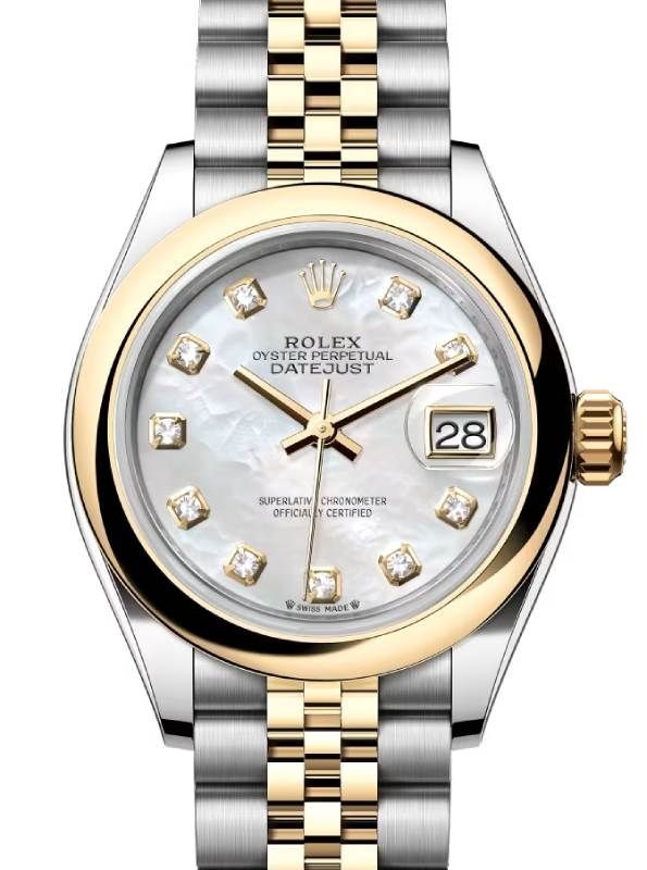 Rolex Lady Datejust 28 Yellow Gold/Steel White Mother of Pearl Diamond Dial & Smooth Domed Bezel Jubilee Bracelet 279163 - BRAND NEW