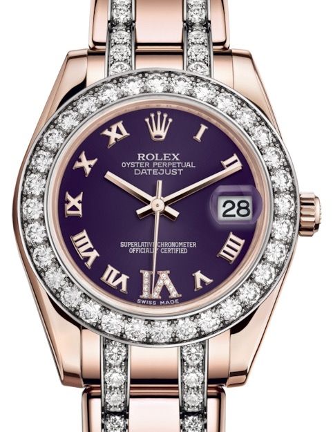 Rolex Pearlmaster 34 Rose Gold Purple Roman & Diamond VI Dial & Diamond Bezel Diamond Set Pearlmaster Bracelet 81285 - BRAND NEW