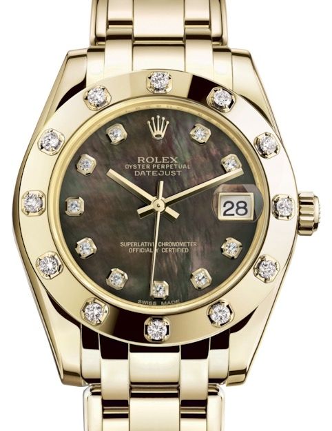 Rolex Pearlmaster 34 Yellow Gold Black Mother of Pearl Diamond Dial & Diamond Set Bezel Pearlmaster Bracelet 81318 - BRAND NEW