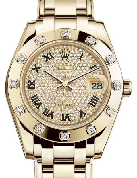 Rolex Pearlmaster 34 Yellow Gold Diamond Paved Roman Dial & Diamond Set Bezel Pearlmaster Bracelet 81318 - BRAND NEW