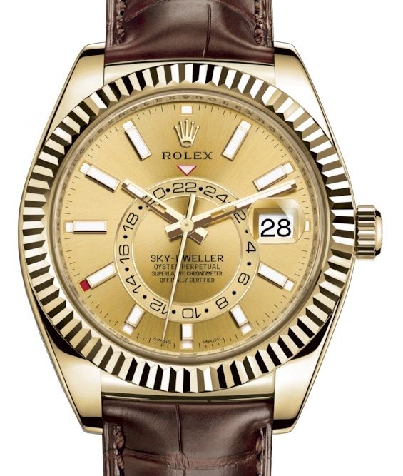 Rolex Sky-Dweller Yellow Gold Champagne Index Dial Fluted Bezel Leather Strap 326138 - BRAND NEW