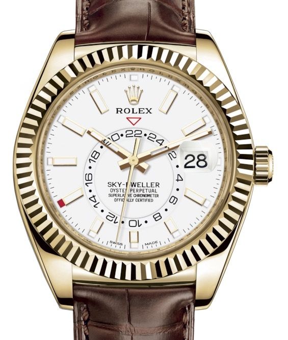 Rolex Sky-Dweller Yellow Gold White Index Dial Fluted Bezel Leather Strap 326138 - BRAND NEW