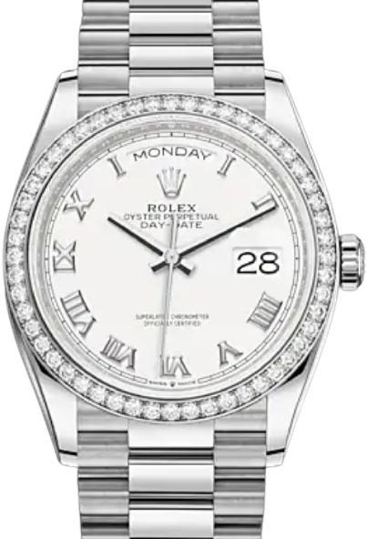 Rolex Day-Date 36 Silver Dial Diamond Bezel White Gold President Bracelet 128349RBR - BRAND NEW