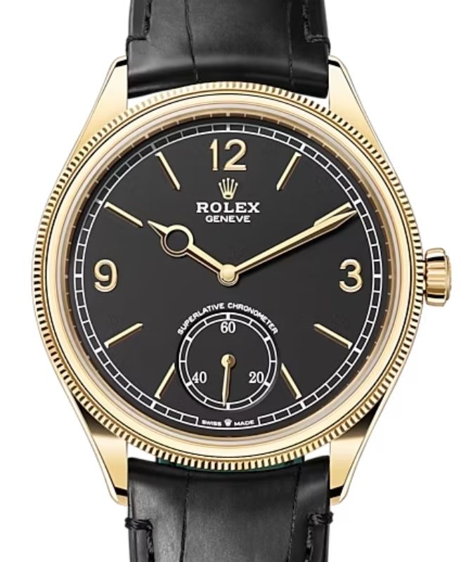 Rolex Perpetual 1908 Yellow Gold Black Dial Domed/Fluted Bezel Alligator Leather Strap 52508 - BRAND NEW