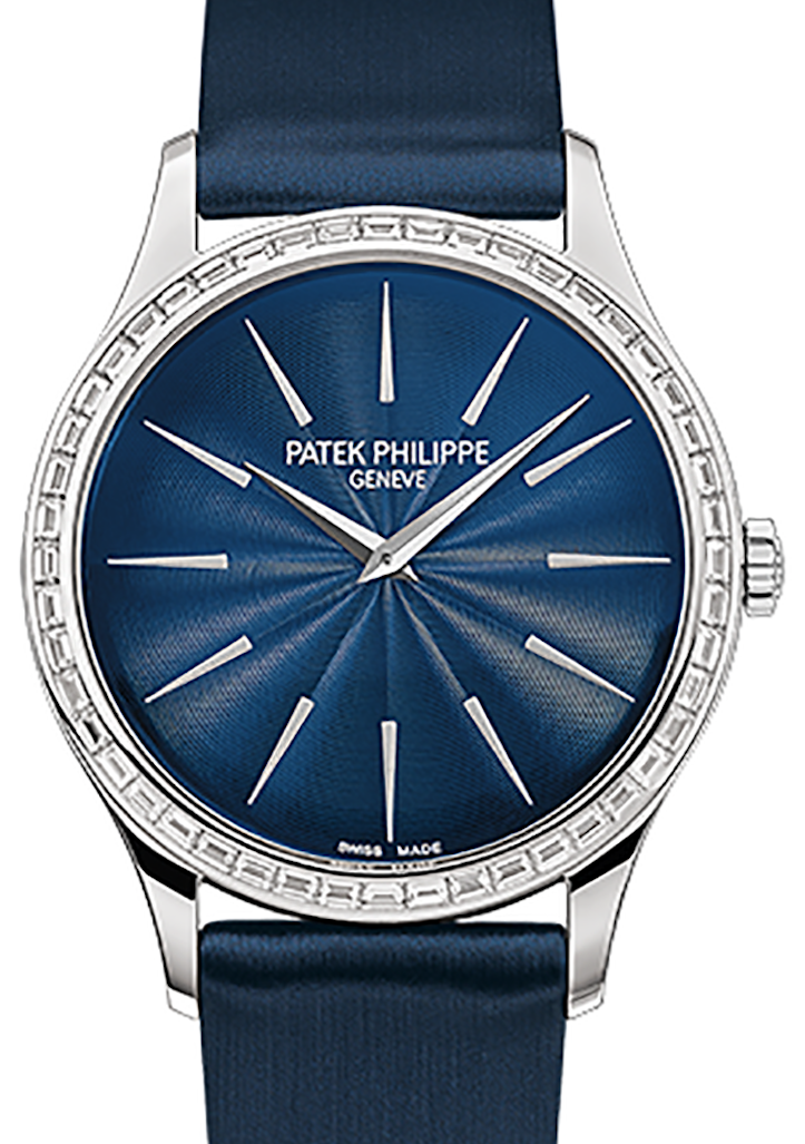 Patek Philippe Ladies Calatrava White Gold Diamond 33mm Blue Dial Satin Strap Manual 4897 300G 001 BRAND NEW