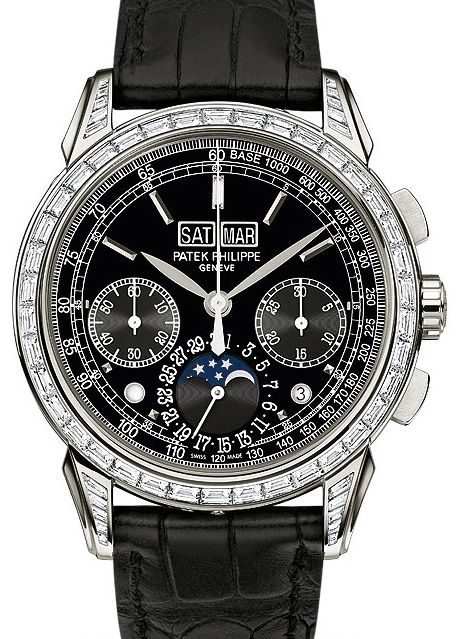 Patek Philippe Grand Complications Perpetual Calendar Moon Phase Chronograph Platinum Diamond Baguette Black 5271P 001 BRAND NEW