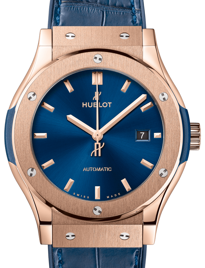 Hublot Classic Fusion King Gold Blue 42mm Dial Rubber Leather Strap Automatic 542.OX.7180.LR BRAND NEW