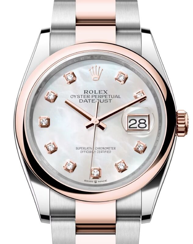 Rolex Datejust 36 Rose Gold/Steel White Mother of Pearl Diamond Dial &  Domed Bezel Oyster