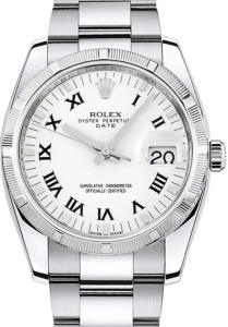 Rolex Oyster Perpetual Date 34 Stainless Steel White Roman Dial & Engine-Turned Bezel Oyster Bracelet 115210